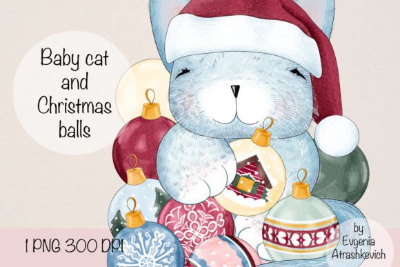 Baby Cat Christmas Balls Illustrations for Digital Selling