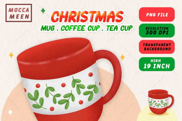 Christmas Red Mug with Leaves Illustrations