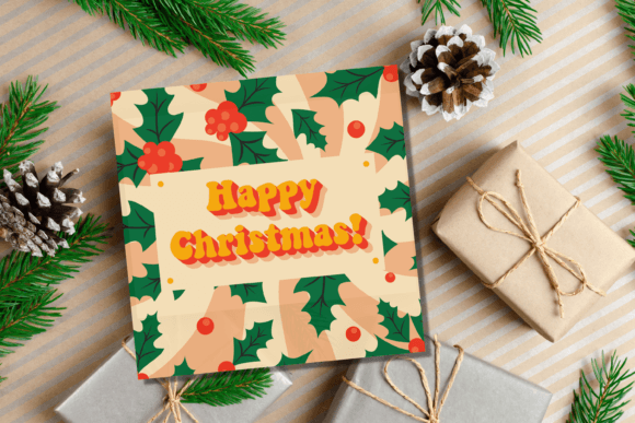 Retro Christmas Card with Holly Illustration