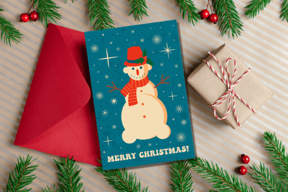 Retro Christmas Card with Snowman Illustration