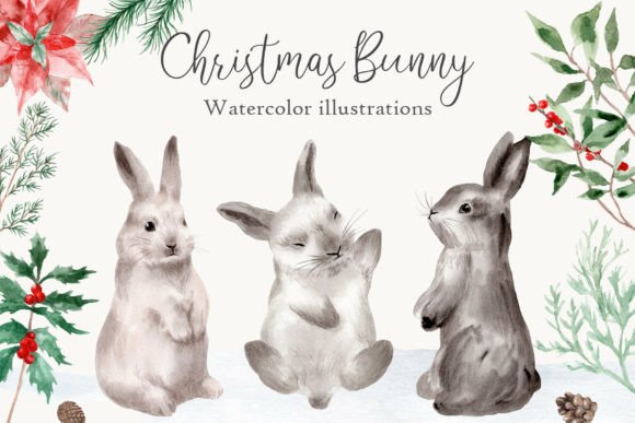 Watercolor Christmas Woodland Bunny Illustration