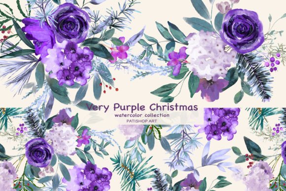 Watercolor Purple Christmas Clipart Set for Illustrations