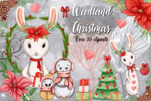 Woodland Christmas Clipart, Xmas Bunny Illustrations